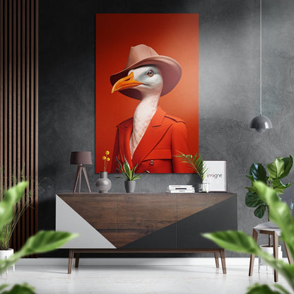 Coral Fedora Goose in Red Coat Brushed Aluminum Dibond Wall Art