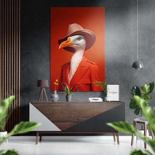 Modern interior display showing coral fedora goose artwork mounted above wooden console table with plants and accessories.