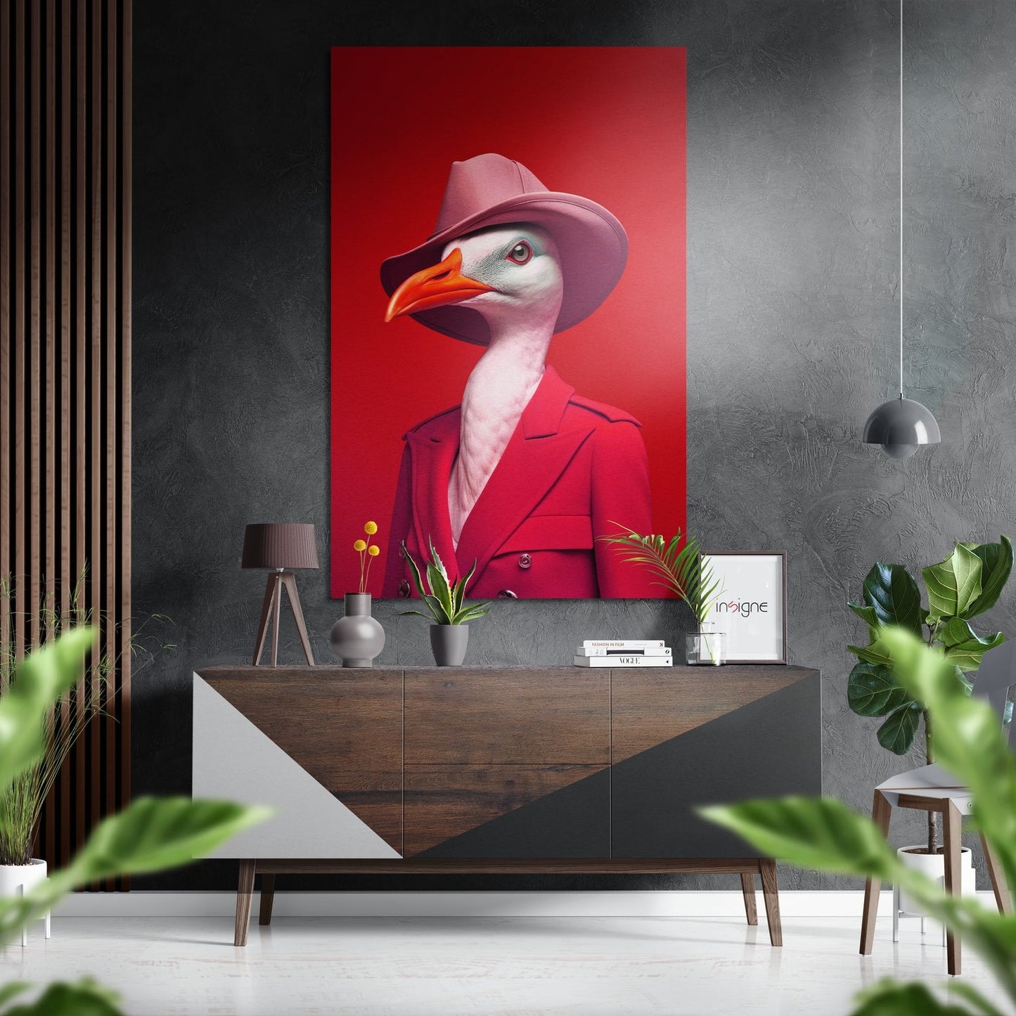 Crimson Hat Goose in Pink Blazer Brushed Aluminum Dibond Wall Art