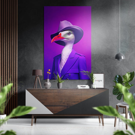 Purple suited goose with red beak and cowboy hat displayed above wooden sideboard in modern interior setting.