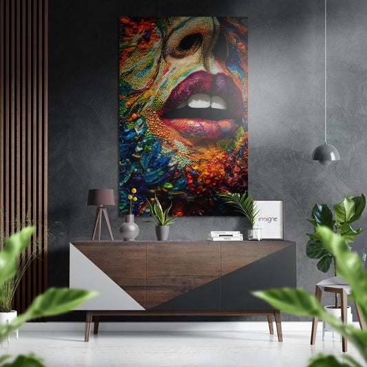Colorful beaded mosaic artwork featuring a close-up face with red lips displayed above a wooden console table in a modern interior setting.