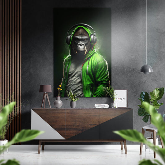 A gorilla wearing a neon green hoodie and headphones displayed on a wall above a wooden console table in a modern interior setting.
