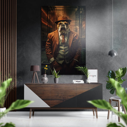 Bulldog in brown pinstriped suit and fedora hat displayed on aluminum dibond mounted above mid-century modern wooden dresser in contemporary interior.