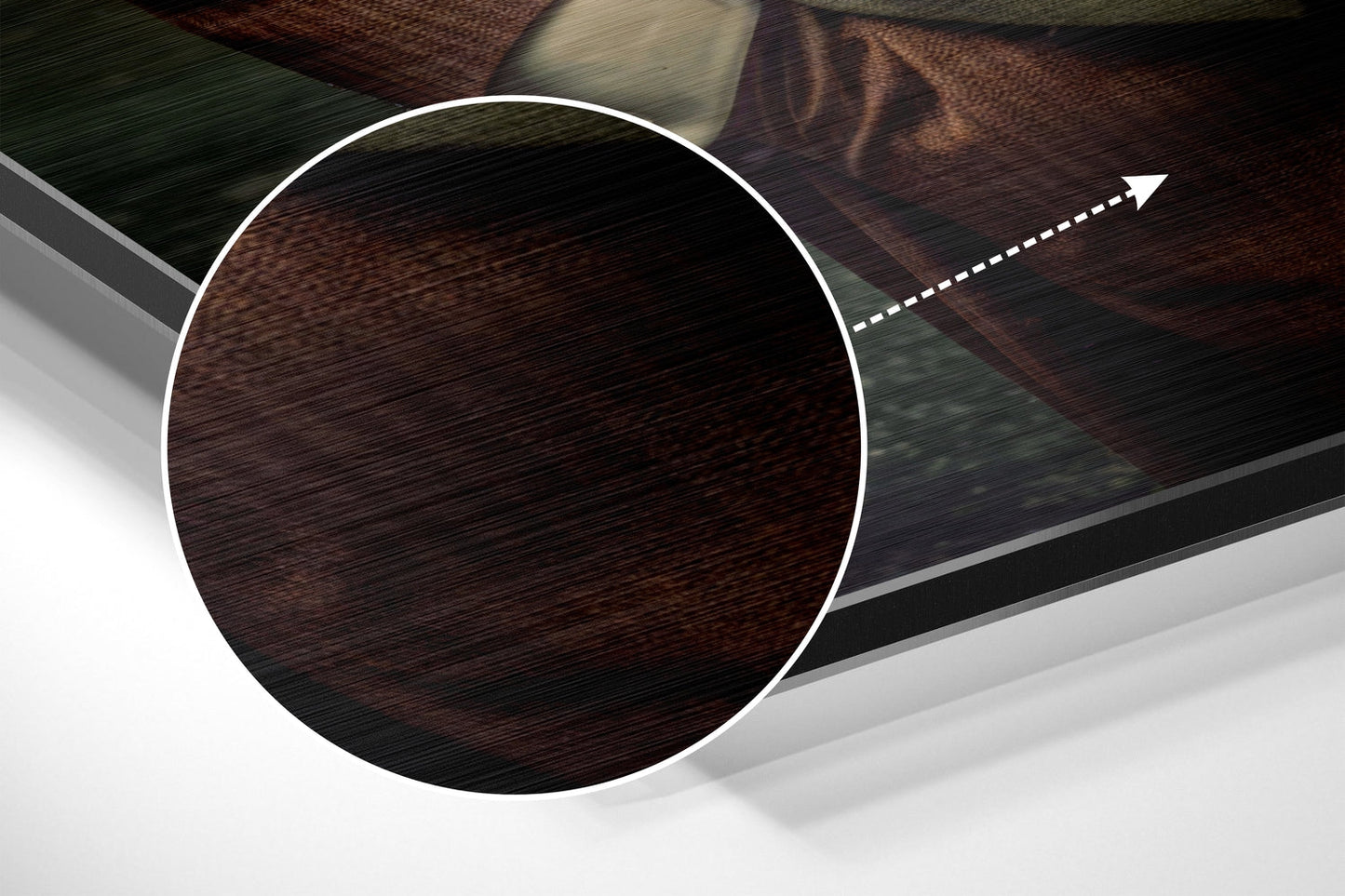 Close-up angled view of dark wood-textured circular Dibond panel with white border and directional arrow indicator.