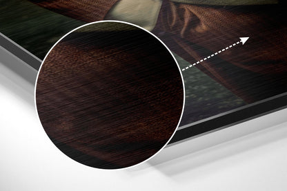 Close-up angled view of dark wood-textured circular Dibond panel with white border and directional arrow indicator.