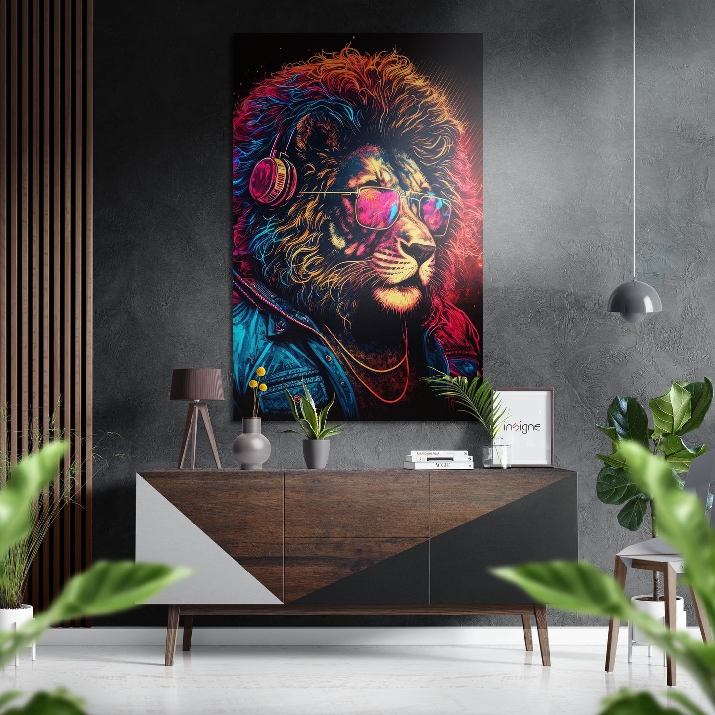 Neon DJ Lion with Headphones Brushed Aluminum Dibond Wall Art
