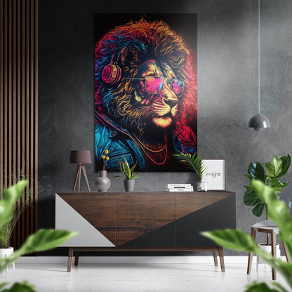 Neon DJ Lion with Headphones Brushed Aluminum Dibond Wall Art