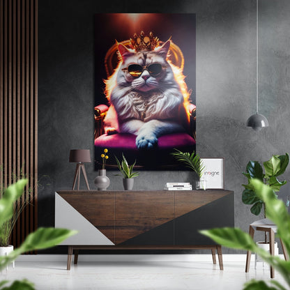 Luxurious modern interior featuring a regal white cat wearing sunglasses and crown on brushed aluminum wall art above wooden console table with plants.