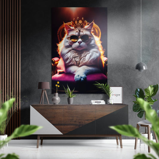 Luxurious modern interior featuring a regal white cat wearing sunglasses and crown on brushed aluminum wall art above wooden console table with plants.