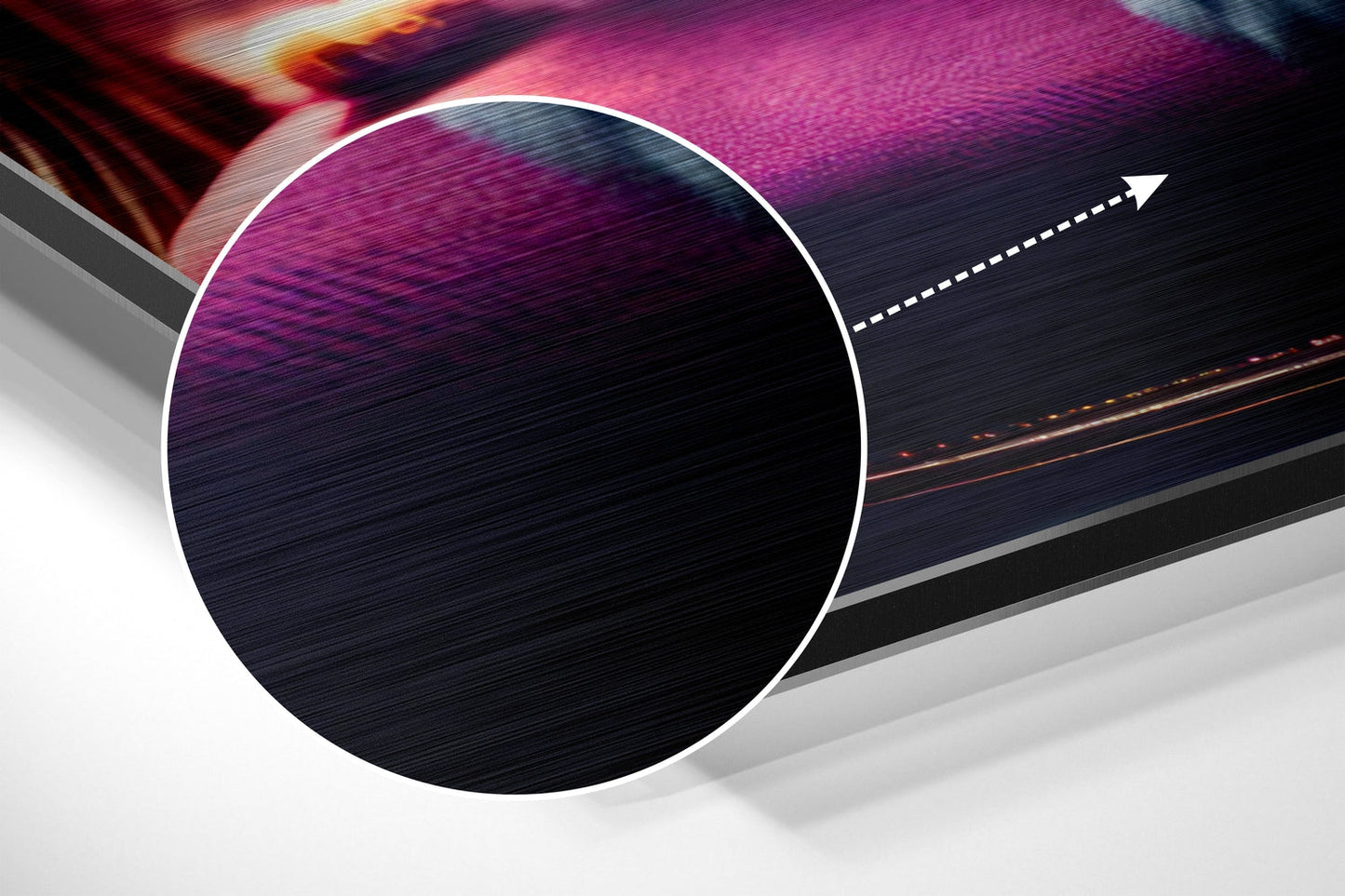 Close-up angled view of brushed aluminum Dibond wall art featuring a white-bordered circle with purple and dark blue textured surface and directional arrow graphic.