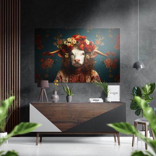 Flowery Brushed Aluminum Dibond Wall Art displaying a cow wearing floral crown and red clothing against teal background, mounted above wooden console in modern interior.
