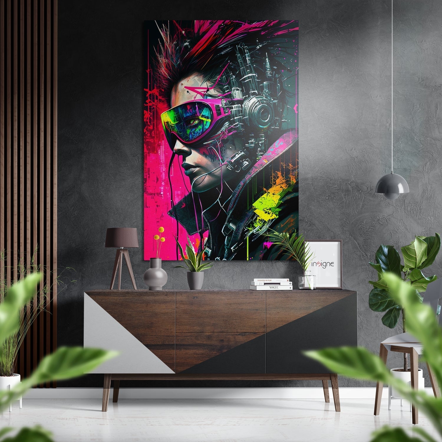 Vibrant pop art portrait of figure wearing rainbow-reflective sunglasses and headphones mounted on dark textured wall above wooden dresser.