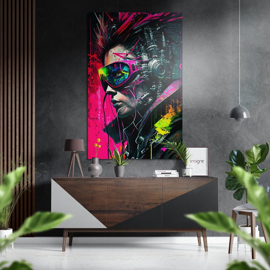 Vibrant pop art portrait of figure wearing rainbow-reflective sunglasses and headphones mounted on dark textured wall above wooden dresser.