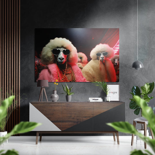 Cool poodles wearing sunglasses and chains displayed on brushed aluminum above a mid-century console table in modern interior.