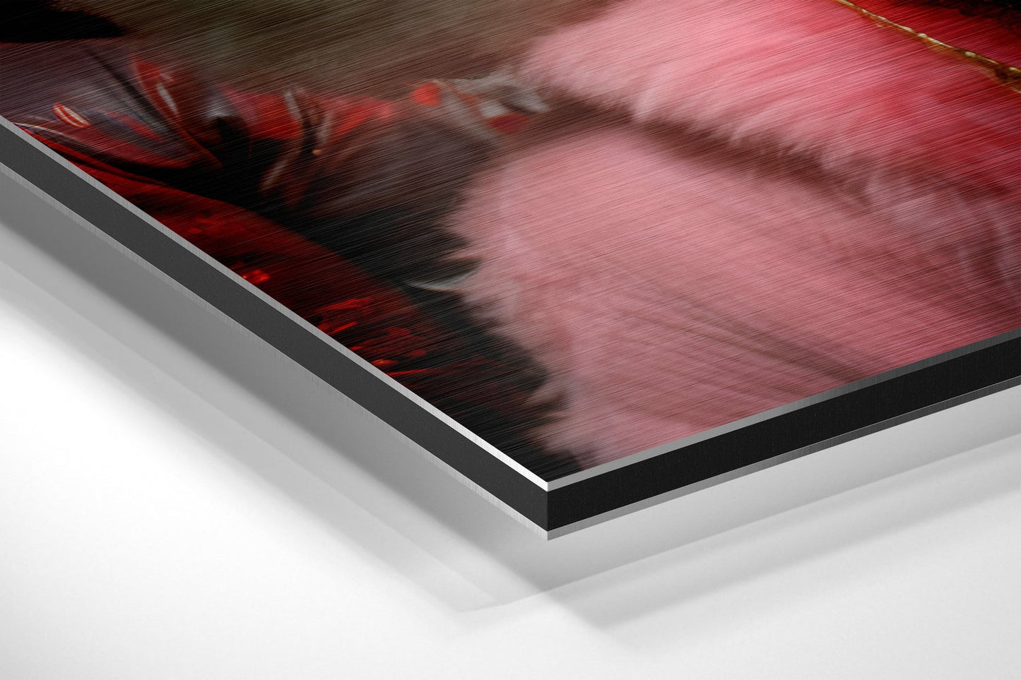 Close-up angled view of Dibond wall art with red and pink tones, showing layered aluminum and black edge framing against white background.