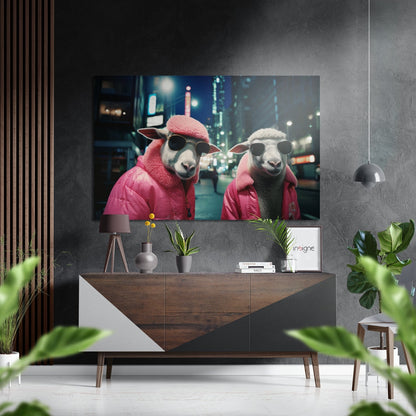 Modern living room interior with brushed aluminum wall art displaying two sheep wearing pink jackets and sunglasses against a nighttime cityscape.