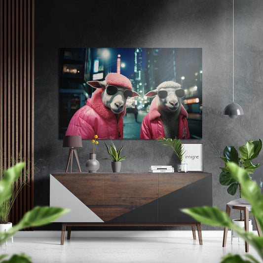 Modern living room interior with brushed aluminum wall art displaying two sheep wearing pink jackets and sunglasses against a nighttime cityscape.