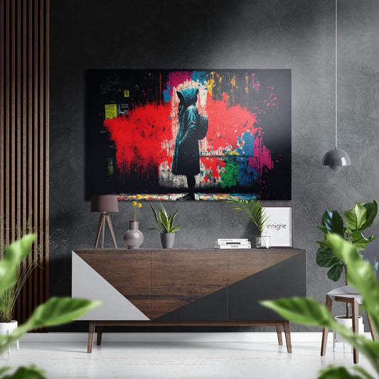 Modern living room with Confrontation Brushed Aluminum Dibond artwork mounted above wooden console, featuring silhouetted figure against red, blue, and yellow paint splashes.