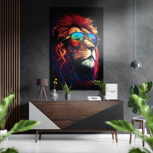 Colorful lion wearing sunglasses hanging on dark gray wall above wooden dresser in modern interior setting.