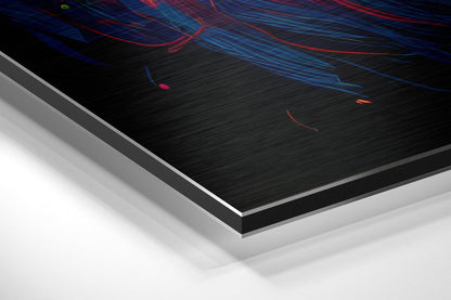 Angled perspective view of brushed aluminum dibond panel with black surface displaying colorful abstract curved lines in red, blue, and orange.