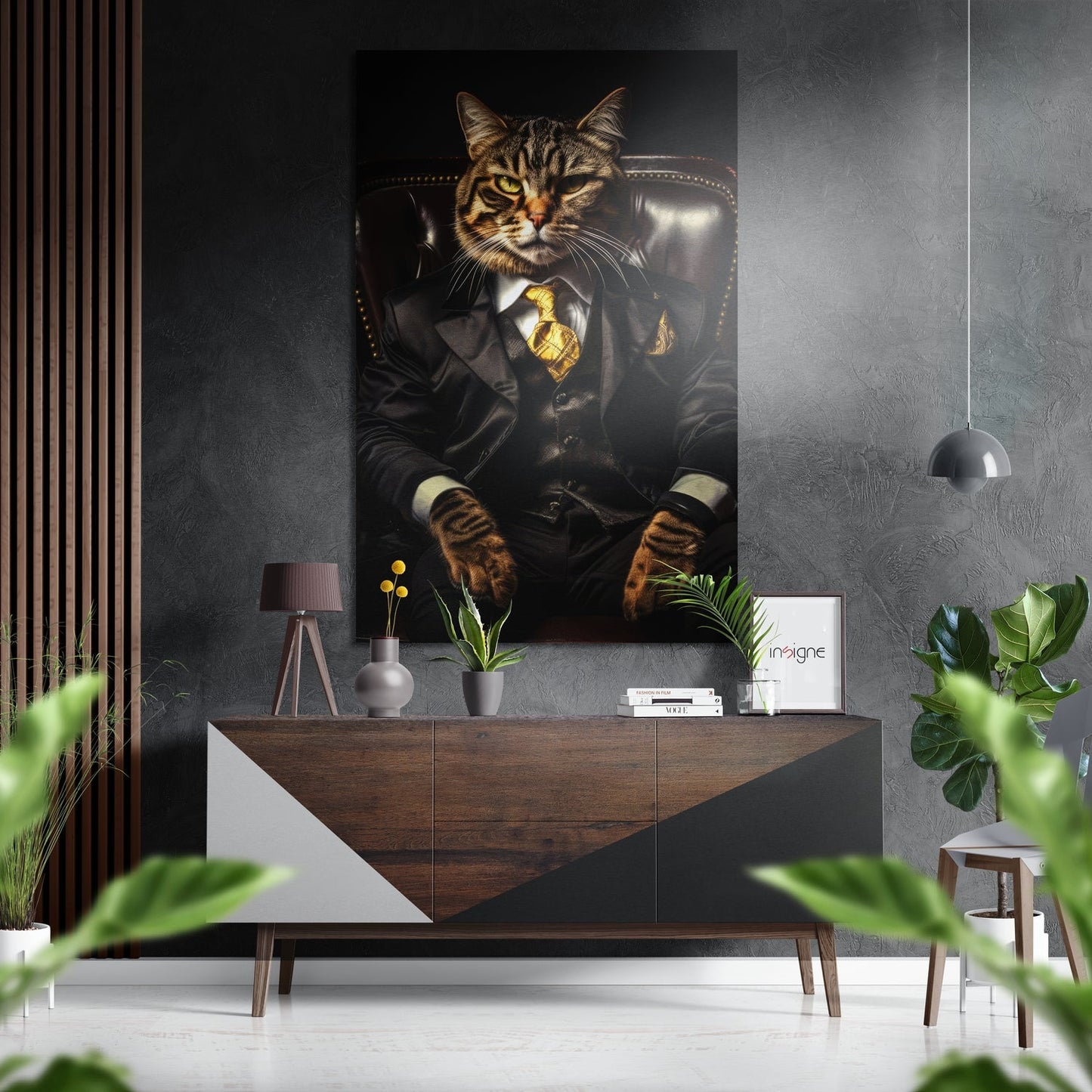 Tabby Cat in Suit Gold Tie Brushed Aluminum Dibond Wall Art