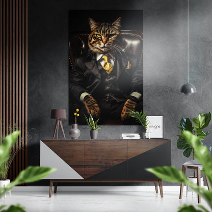 Tabby Cat in Suit Gold Tie Brushed Aluminum Dibond Wall Art