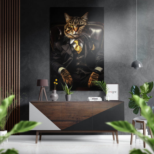 Tabby cat in black suit and gold tie seated in leather chair, displayed above wooden console in modern gray interior.