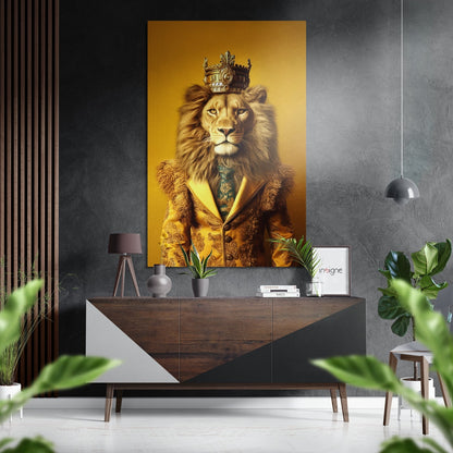 Regal lion wearing ornate gold jacket and crown displayed on yellow background above wooden dresser in modern gray interior.