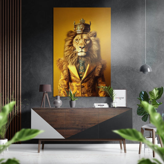 Regal lion wearing ornate gold jacket and crown displayed on yellow background above wooden dresser in modern gray interior.