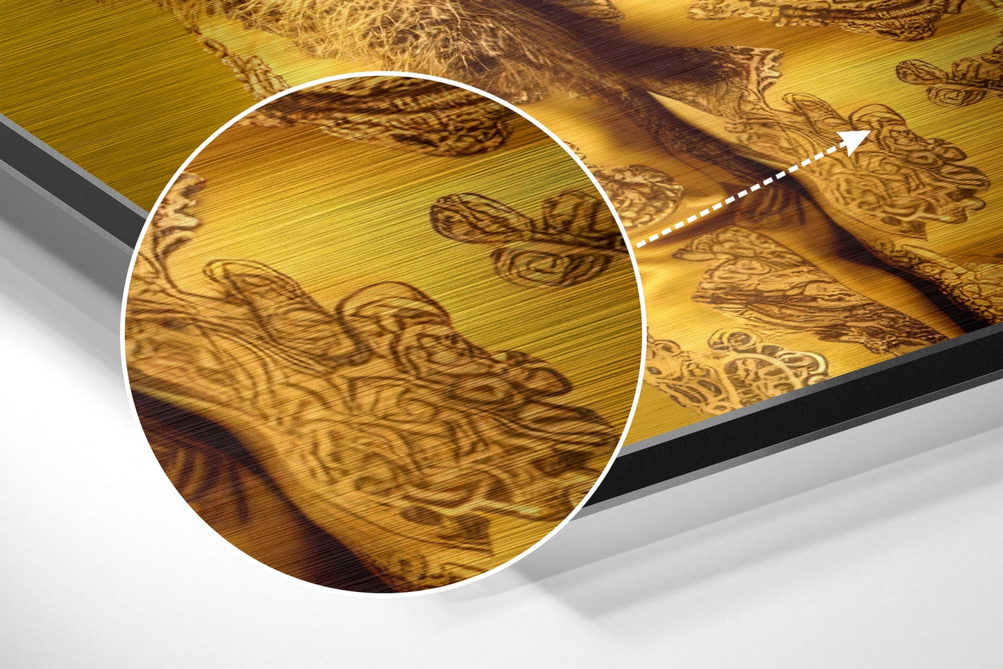 Close-up detail of brushed aluminum surface showing embossed lion design with golden tones and wood texture background.