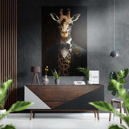 Elegant giraffe in formal attire displayed on dark wall above wooden console table in modern interior setting.
