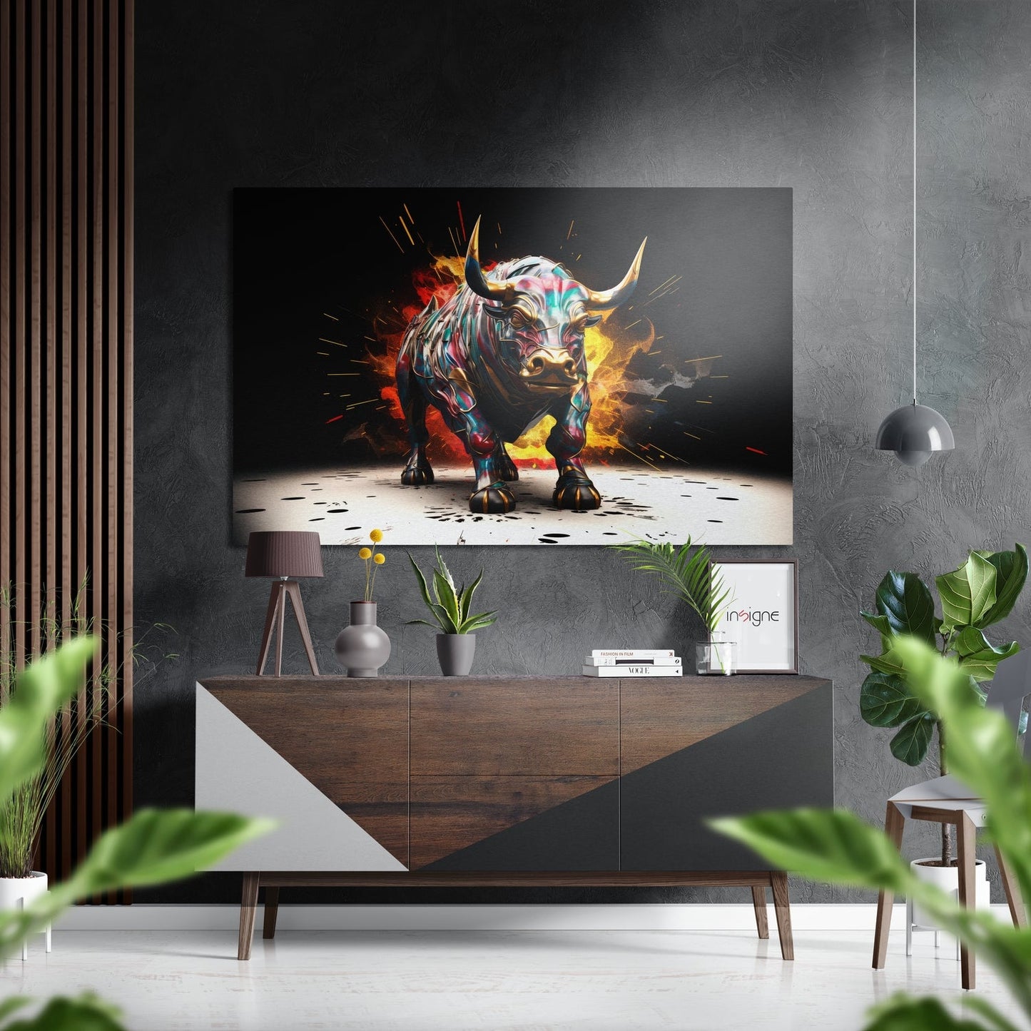 Fiery Blast Charging Painted Bull Brushed Aluminum Dibond Wall Art