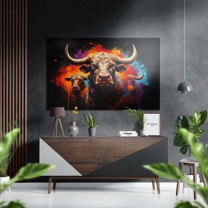 Two Horned Bulls Color Splash Brushed Aluminum Dibond Wall Art