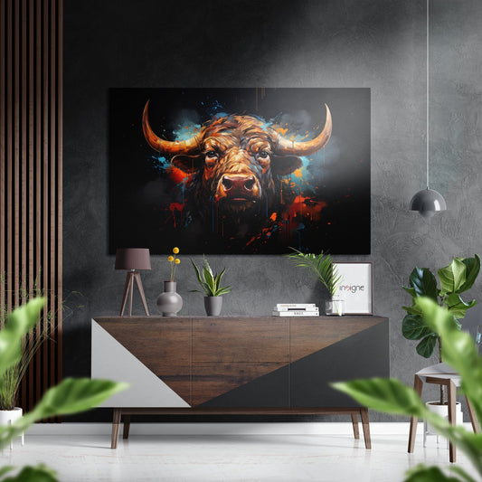 Modern living room interior with bull head artwork displaying orange and blue paint splatter effects hung above wooden console table with plants and decor.