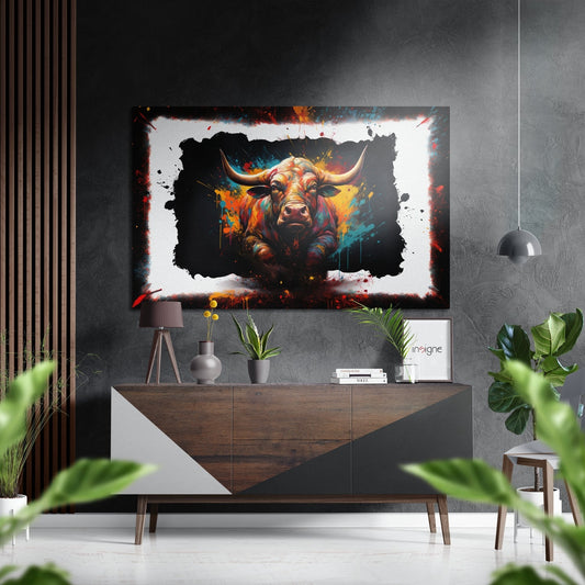 Colorful bull portrait with torn frame border mounted above wooden console in modern interior with plants and pendant light.