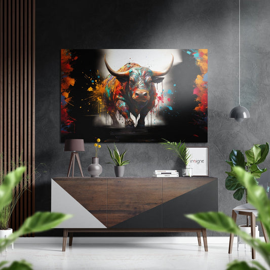 Colorful abstract bull artwork with red, orange, and blue splashes displayed on gray wall above wooden console table in modern interior setting.