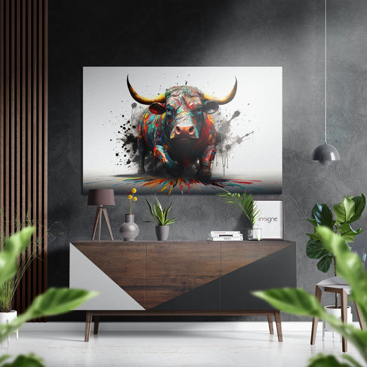 Colorful ink splatter bull artwork displayed above a mid-century modern wooden console in a contemporary living room setting.