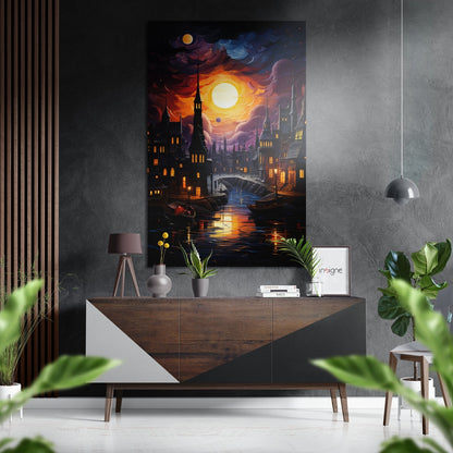 Brushed aluminum dibond artwork featuring a glowing moon over a nighttime cityscape with illuminated buildings and water reflections, displayed above a wooden dresser in a modern interior.