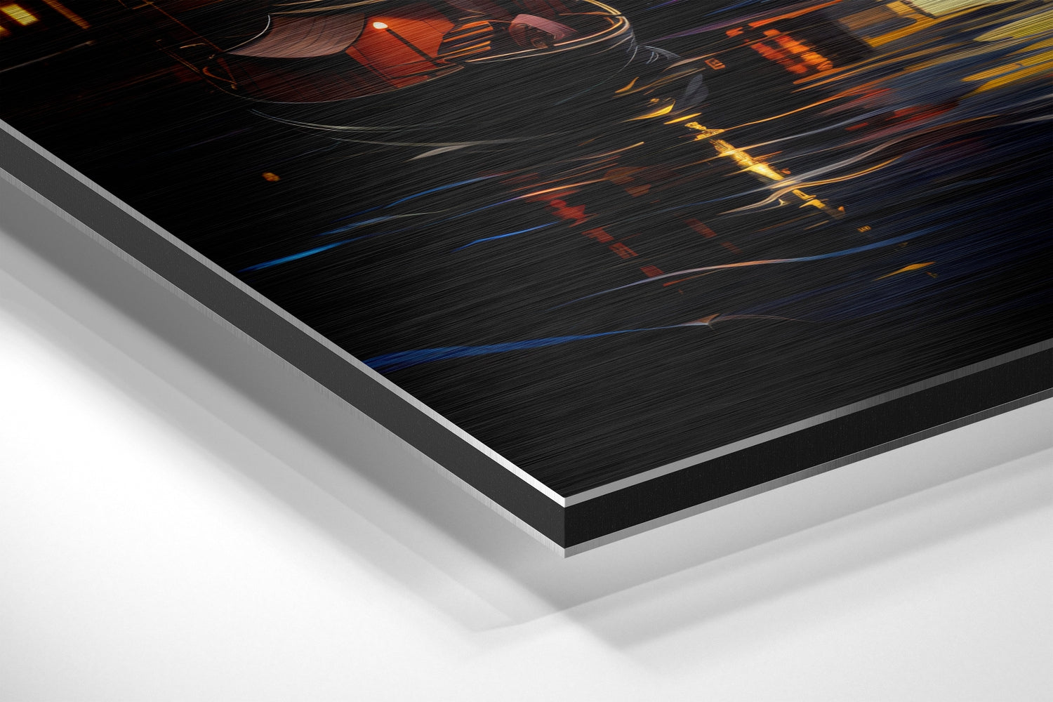 Close-up angled view of layered Dibond panel showing brushed aluminum edge with black and white backing layers beneath.