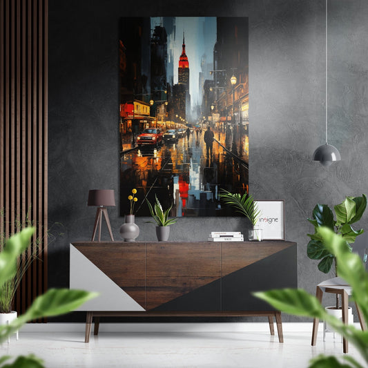 Rainy New York City street scene with illuminated Chrysler Building displayed above wooden dresser with potted plants and pendant lamp.