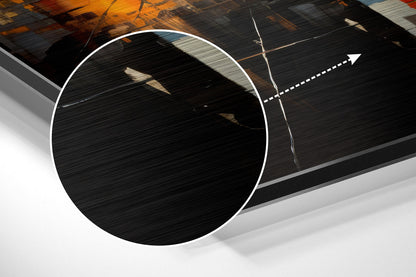 Close-up angled view of brushed aluminum dibond wall art showing textured black surface with white circular frame and directional arrow graphic.
