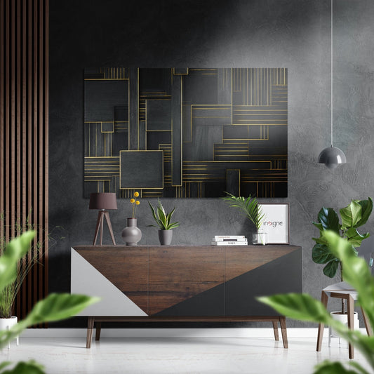 Modern living room interior featuring black brushed aluminum wall art with gold geometric line patterns above a wood and white credenza.