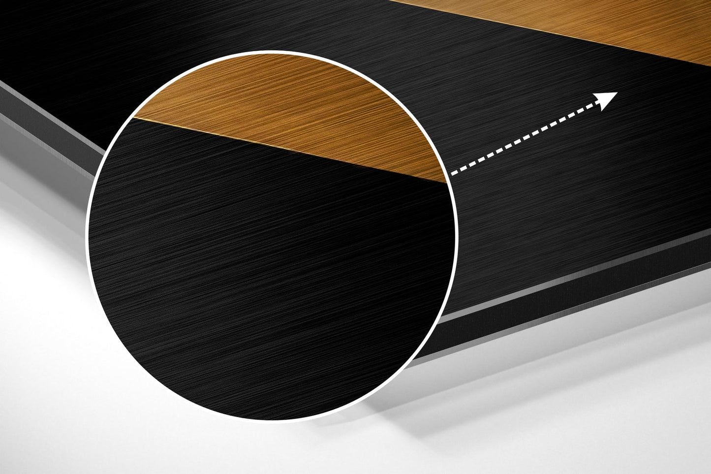 Angled 3D product view of brushed aluminum wall art featuring a white-outlined circle with wood and black geometric sections, directional arrow detail.