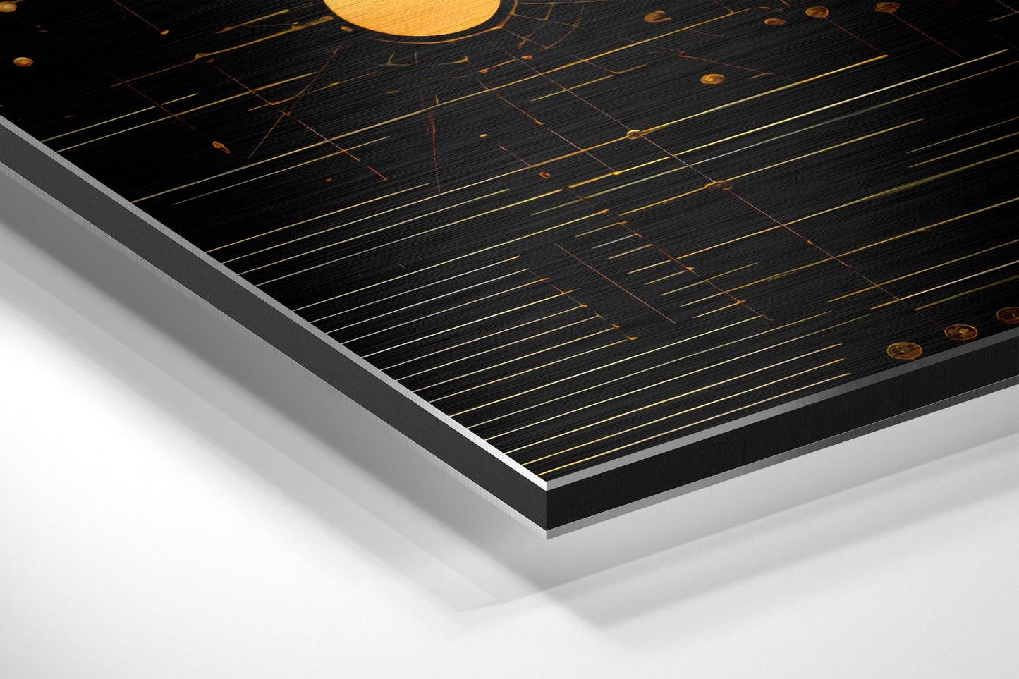 Angled close-up view of layered brushed aluminum and black dibond panel with gold circuit board pattern and mounting hardware visible.