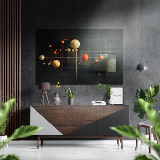 Modern living room with geometric gold and red spheres artwork mounted above wooden console table with potted plants and pendant lamp.