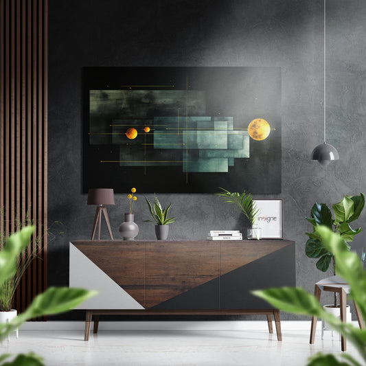 Modern living room with geometric wall art featuring golden planets and teal rectangular shapes above wooden console table with plants and pendant lamp.