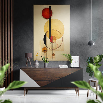 Modern geometric art featuring red, yellow, and black circles with vertical lines displayed above a wooden console table in a styled interior setting.