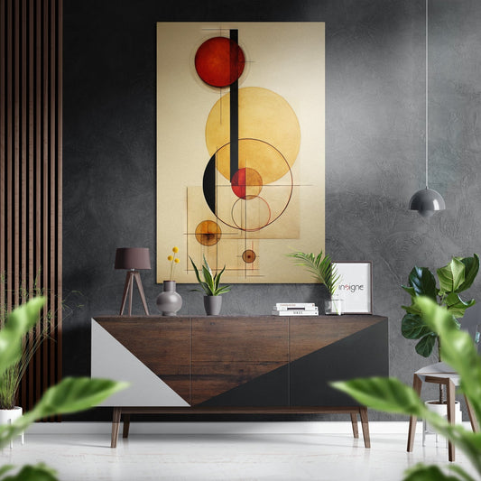 Modern geometric art featuring red, yellow, and black circles with vertical lines displayed above a wooden console table in a styled interior setting.