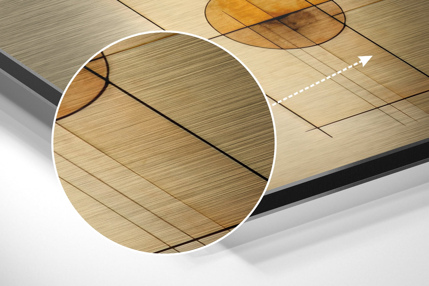 Close-up detail view of brushed aluminum surface with wood grain texture and black lines creating geometric patterns.