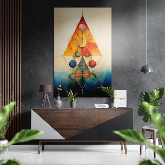 Sacred geometry triangle wall art featuring colorful orbs and geometric shapes displayed above mid-century modern wooden sideboard in contemporary interior setting.